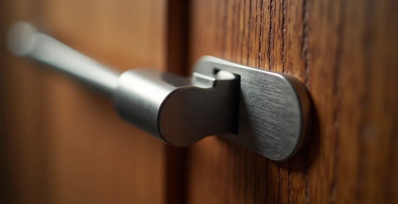 Détail macro d'une charnière de cuisine haut de gamme en acier inoxydable