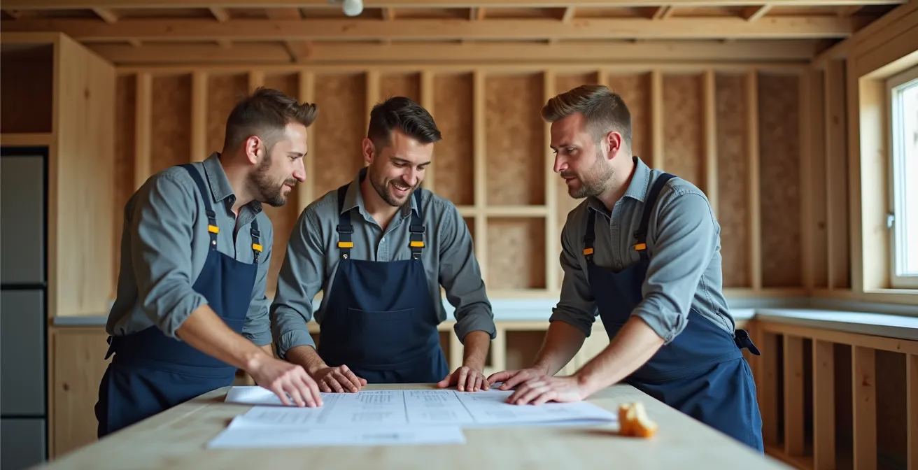 Équipe d'artisans coordonnés travaillant sur l'installation d'une cuisine
