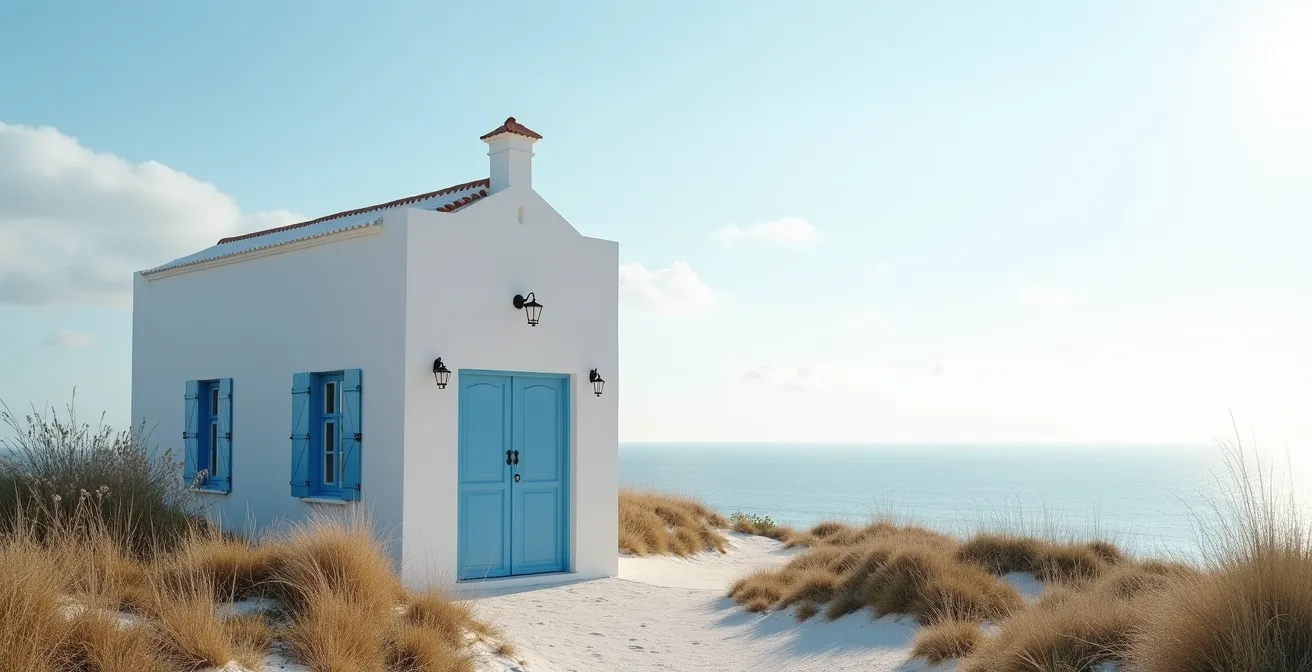 Maison vendéenne traditionnelle avec volets bleus et façade blanche près de la côte