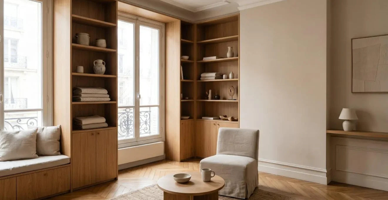 Espace de vie organisé avec agencement sur mesure favorisant une routine quotidienne apaisée