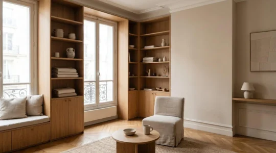 Espace de vie organisé avec agencement sur mesure favorisant une routine quotidienne apaisée