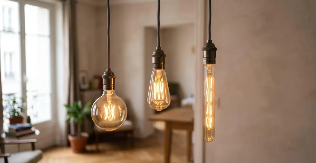 Assortiment d'ampoules LED à filament apparentes aux formes variées suspendues dans un intérieur chaleureux
