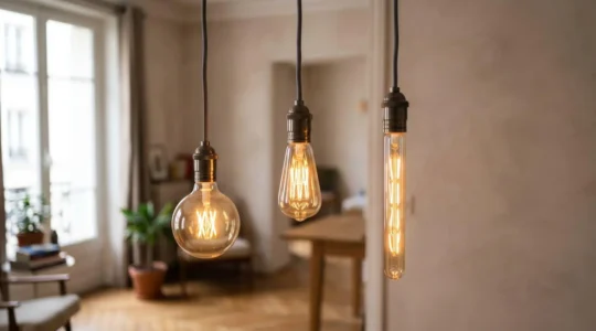 Assortiment d'ampoules LED à filament apparentes aux formes variées suspendues dans un intérieur chaleureux
