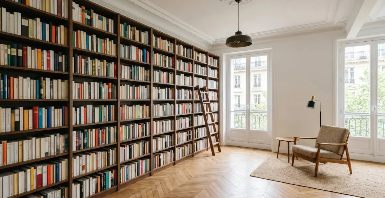 Bibliothèque murale intégrée sur mesure en bois sublimant un intérieur contemporain français