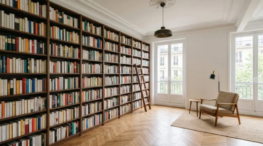 Bibliothèque murale intégrée sur mesure en bois sublimant un intérieur contemporain français