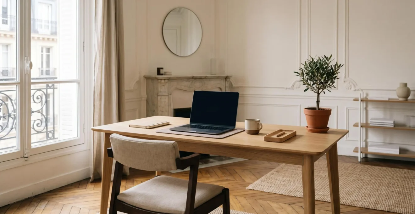 Espace de travail à domicile minimaliste et organisé avec lumière naturelle favorisant la concentration