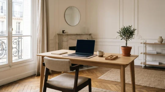 Espace de travail à domicile minimaliste et organisé avec lumière naturelle favorisant la concentration