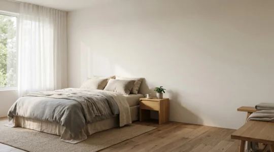 Chambre à coucher sereine baignée de lumière naturelle matinale favorisant un sommeil de qualité