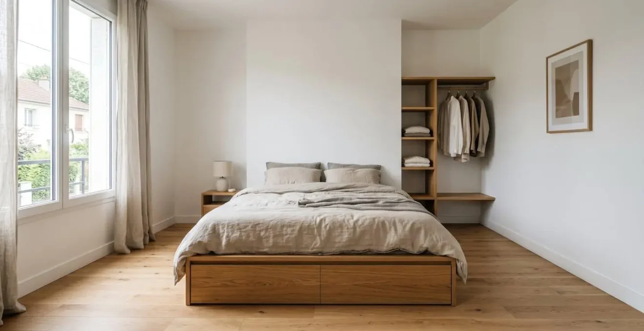 Chambre contemporaine avec lit à rangements intégrés et espace de circulation optimisé