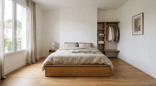 Chambre contemporaine avec lit à rangements intégrés et espace de circulation optimisé