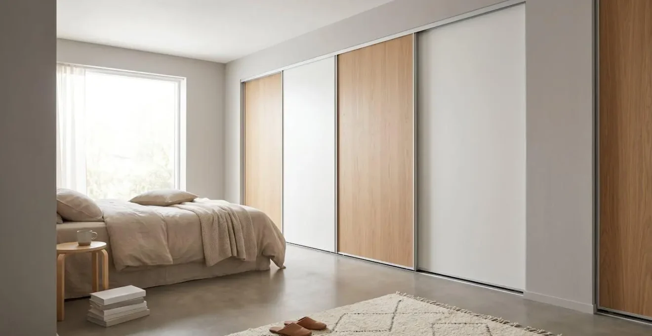 Chambre moderne compacte avec grand placard coulissant intégré libérant l'espace de circulation