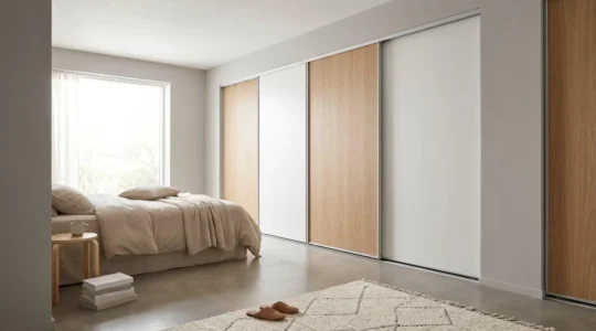 Chambre moderne compacte avec grand placard coulissant intégré libérant l'espace de circulation