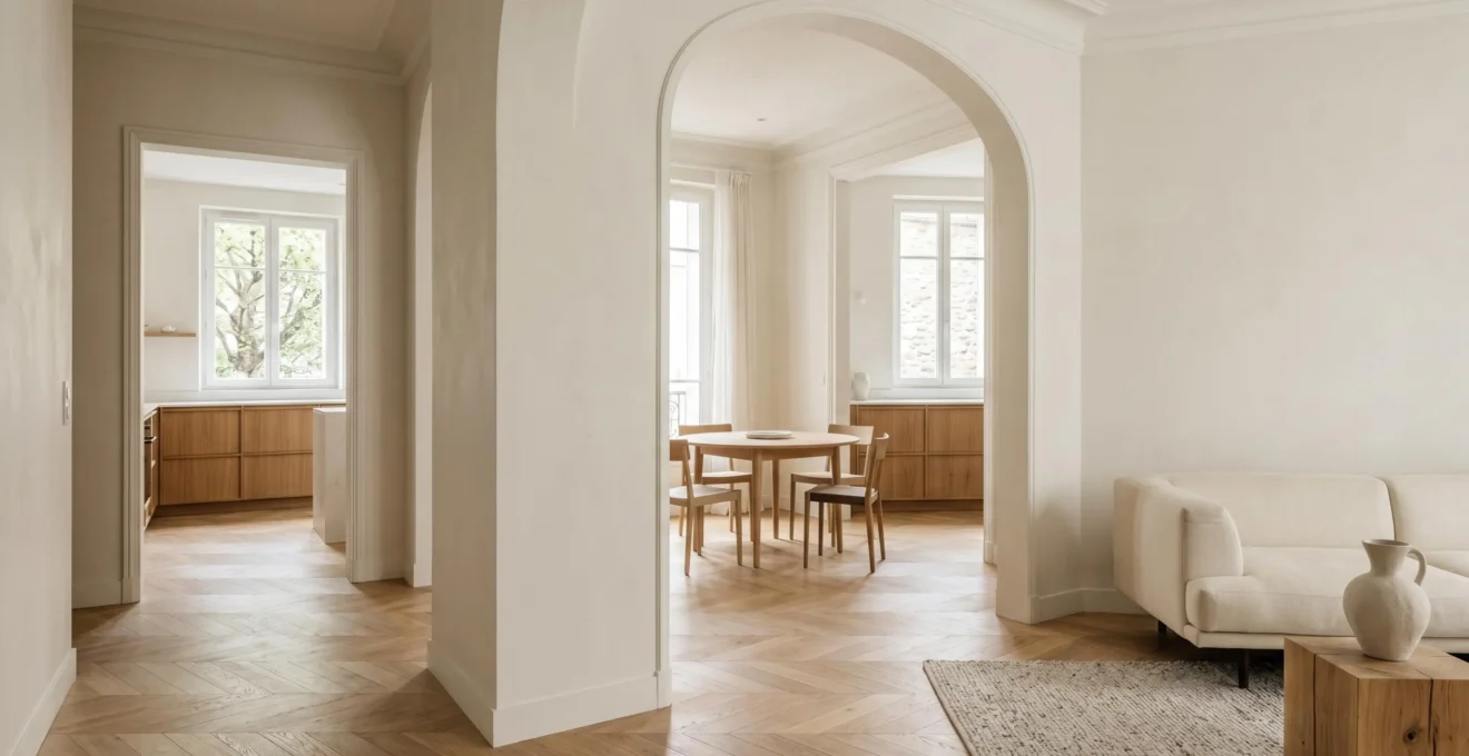 Intérieur contemporain français montrant la continuité visuelle entre plusieurs pièces grâce à un fil conducteur cohérent