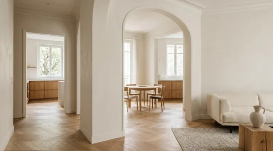 Intérieur contemporain français montrant la continuité visuelle entre plusieurs pièces grâce à un fil conducteur cohérent