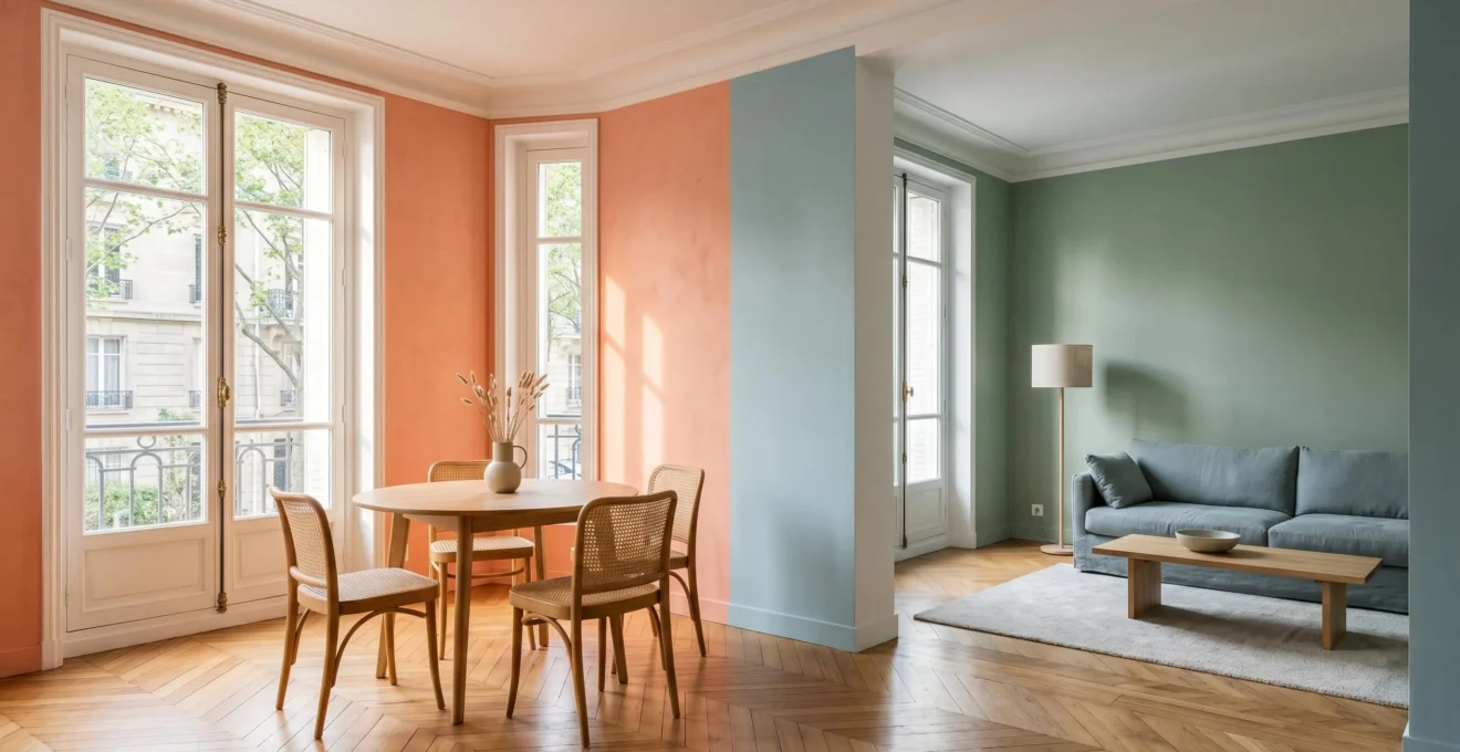Intérieur moderne français avec jeu de couleurs contrastées entre tons apaisants et énergisants