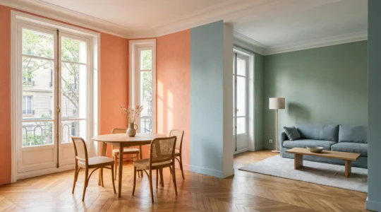 Intérieur moderne français avec jeu de couleurs contrastées entre tons apaisants et énergisants