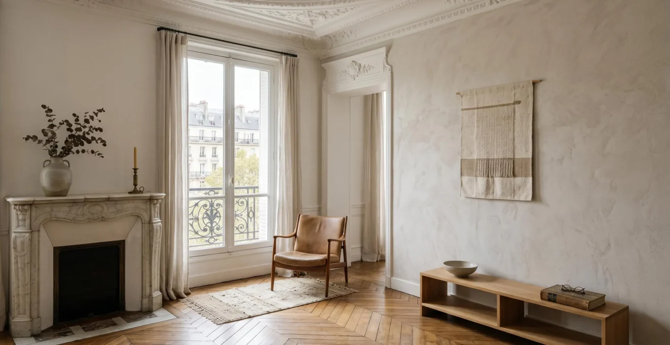 Intérieur français contemporain alliant éléments architecturaux authentiques et décoration thématique personnelle
