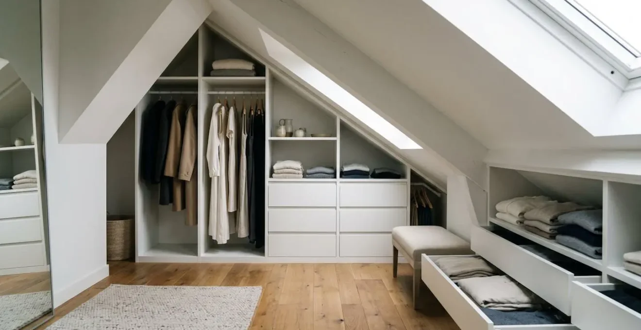 Aménagement de dressing sous pente exploitant toute la hauteur disponible avec rangements sur mesure