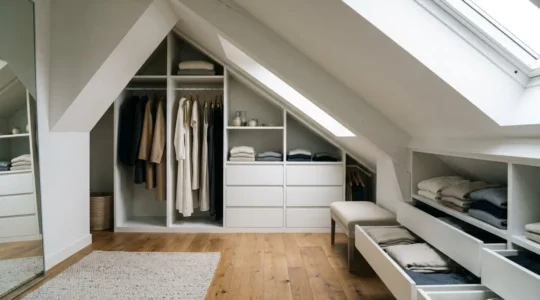 Aménagement de dressing sous pente exploitant toute la hauteur disponible avec rangements sur mesure