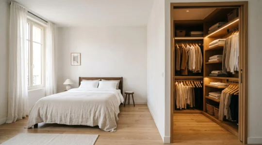 Dressing personnalisé élégant intégré dans une chambre contemporaine avec rangements optimisés
