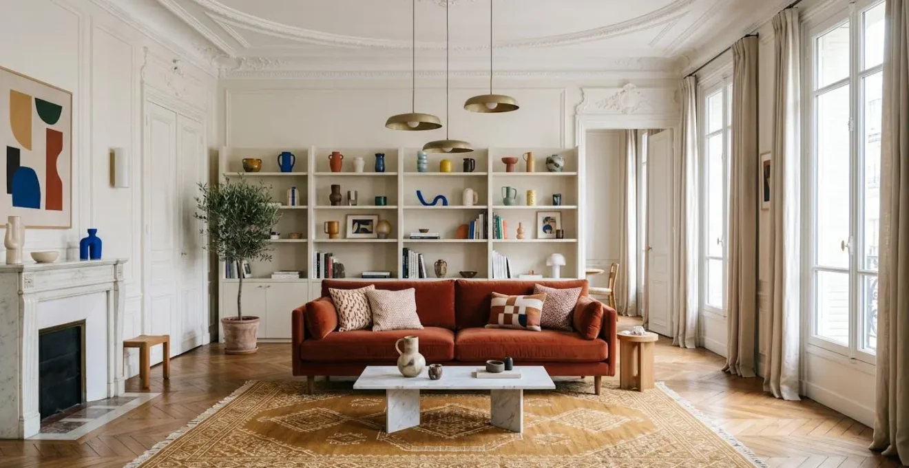Salon aux proportions harmonieuses avec des éléments colorés stratégiquement placés pour rééquilibrer visuellement l'espace