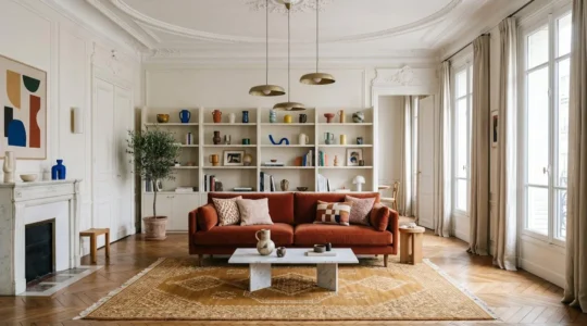 Salon aux proportions harmonieuses avec des éléments colorés stratégiquement placés pour rééquilibrer visuellement l'espace
