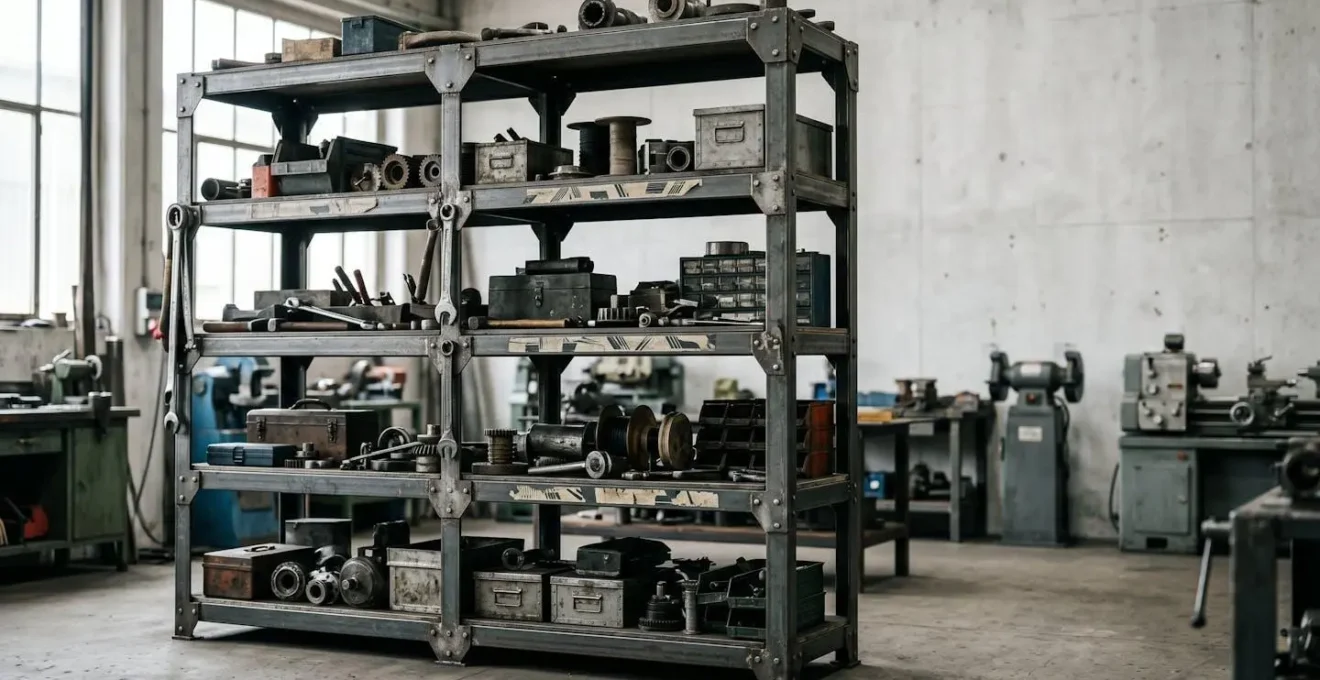 Étagères industrielles en acier robuste dans un atelier avec charges lourdes disposées sur plusieurs niveaux