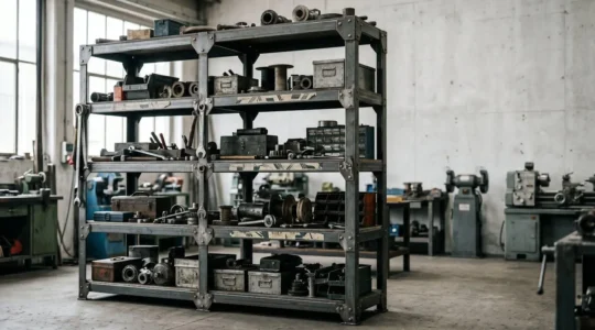 Étagères industrielles en acier robuste dans un atelier avec charges lourdes disposées sur plusieurs niveaux