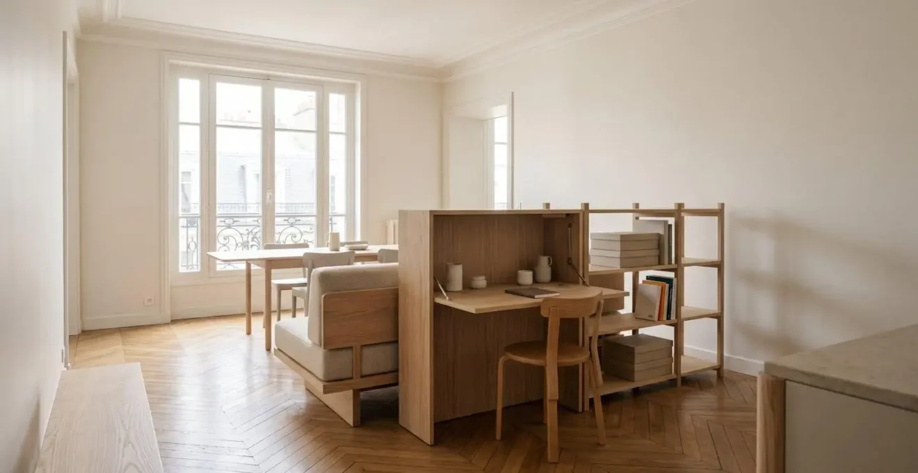 Intérieur d'appartement moderne montrant des espaces transformables et évolutifs adaptés aux différents moments de vie