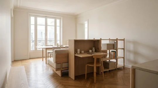 Intérieur d'appartement moderne montrant des espaces transformables et évolutifs adaptés aux différents moments de vie