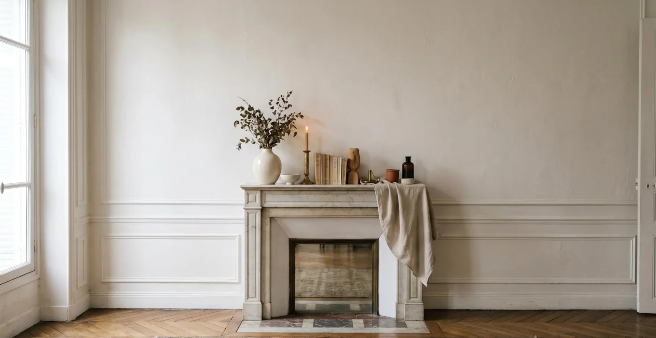 Composition harmonieuse d'objets décoratifs personnels soigneusement sélectionnés sur une surface en bois, mise en scène minimaliste et équilibrée
