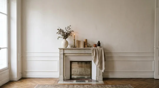 Composition harmonieuse d'objets décoratifs personnels soigneusement sélectionnés sur une surface en bois, mise en scène minimaliste et équilibrée