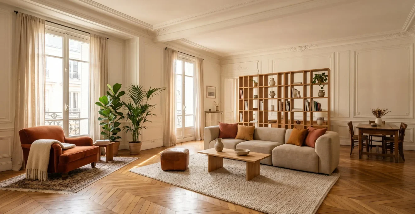 Grand salon spacieux transformé en espace chaleureux avec zones distinctes et décoration cosy