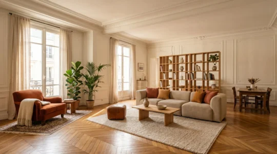 Grand salon spacieux transformé en espace chaleureux avec zones distinctes et décoration cosy