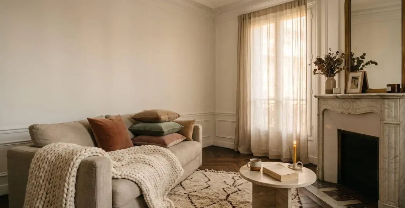 Intérieur chaleureux avec textiles superposés et lumière tamisée créant une ambiance cocooning apaisante