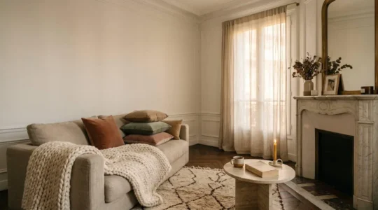 Intérieur chaleureux avec textiles superposés et lumière tamisée créant une ambiance cocooning apaisante