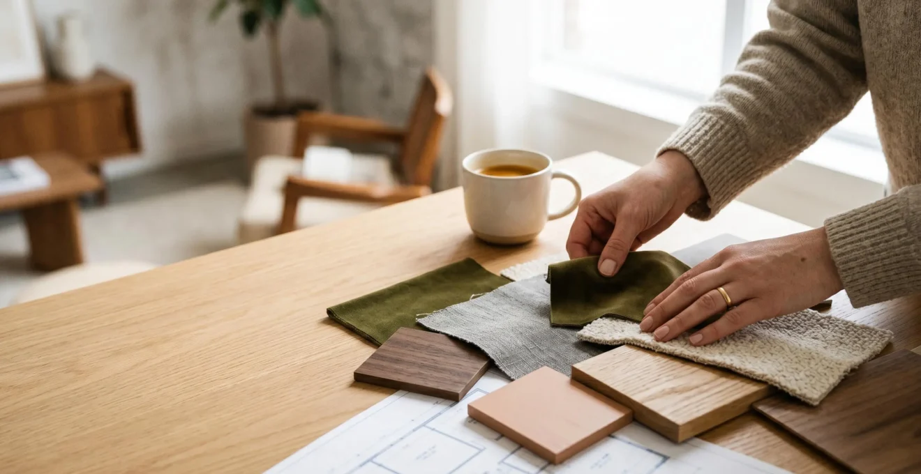 Personne examinant des plans d'aménagement avec des échantillons de matériaux sur une table dans un espace lumineux
