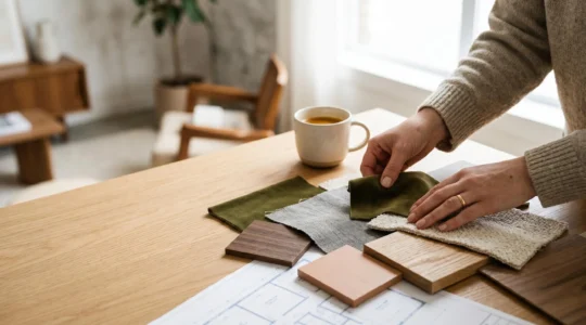 Personne examinant des plans d'aménagement avec des échantillons de matériaux sur une table dans un espace lumineux