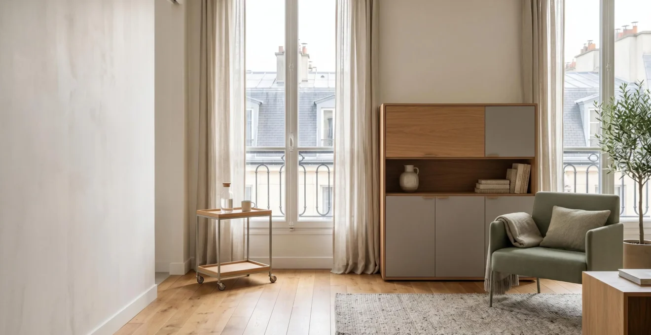 Intérieur de maison français moderne avec mobilier ergonomique et fonctionnel réduisant les gestes quotidiens