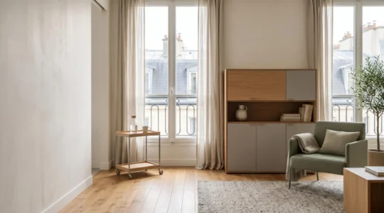 Intérieur de maison français moderne avec mobilier ergonomique et fonctionnel réduisant les gestes quotidiens