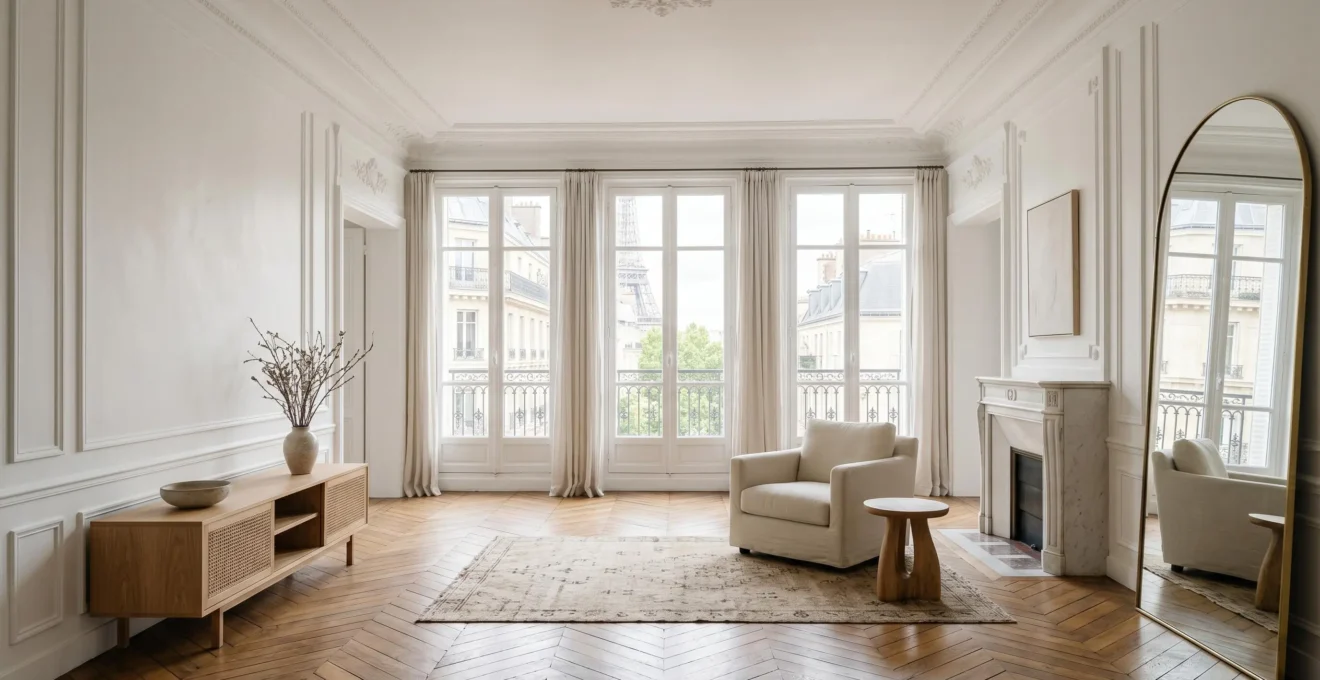 Salon baigné de lumière naturelle avec murs peints en blanc réfléchissant la clarté naturelle