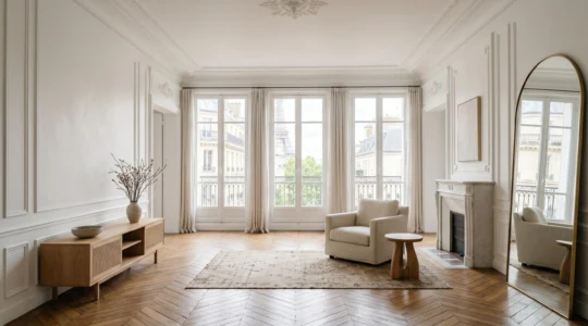 Salon baigné de lumière naturelle avec murs peints en blanc réfléchissant la clarté naturelle