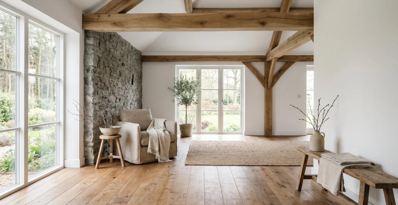 Intérieur rustique apaisant avec bois brut et pierre naturelle créant une atmosphère de sanctuaire anti-stress