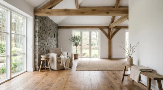Intérieur rustique apaisant avec bois brut et pierre naturelle créant une atmosphère de sanctuaire anti-stress
