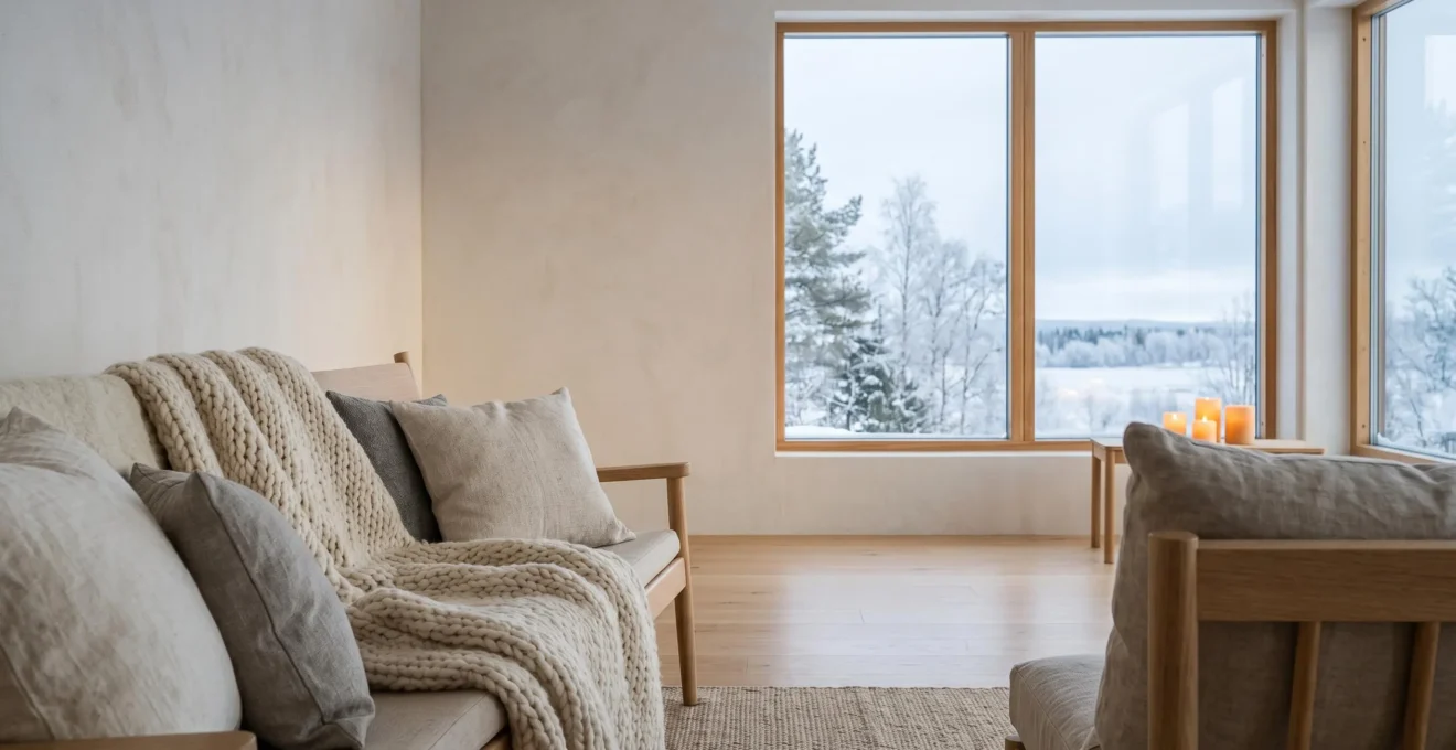 Salon scandinave baigné de lumière naturelle avec textiles chaleureux et bois clair en hiver