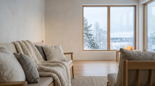 Salon scandinave baigné de lumière naturelle avec textiles chaleureux et bois clair en hiver