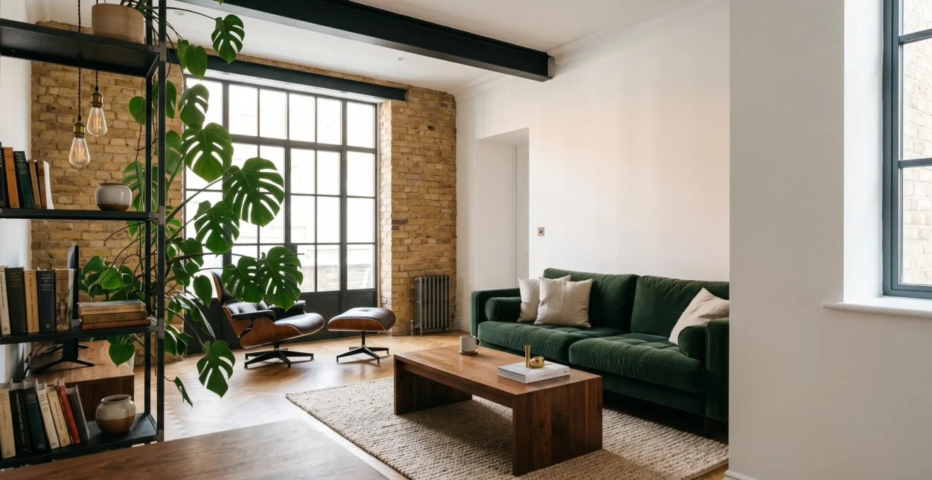 Salon au style industriel chaleureux avec équilibre entre métal, bois et textiles dans un appartement contemporain