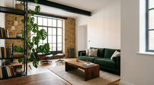 Salon au style industriel chaleureux avec équilibre entre métal, bois et textiles dans un appartement contemporain