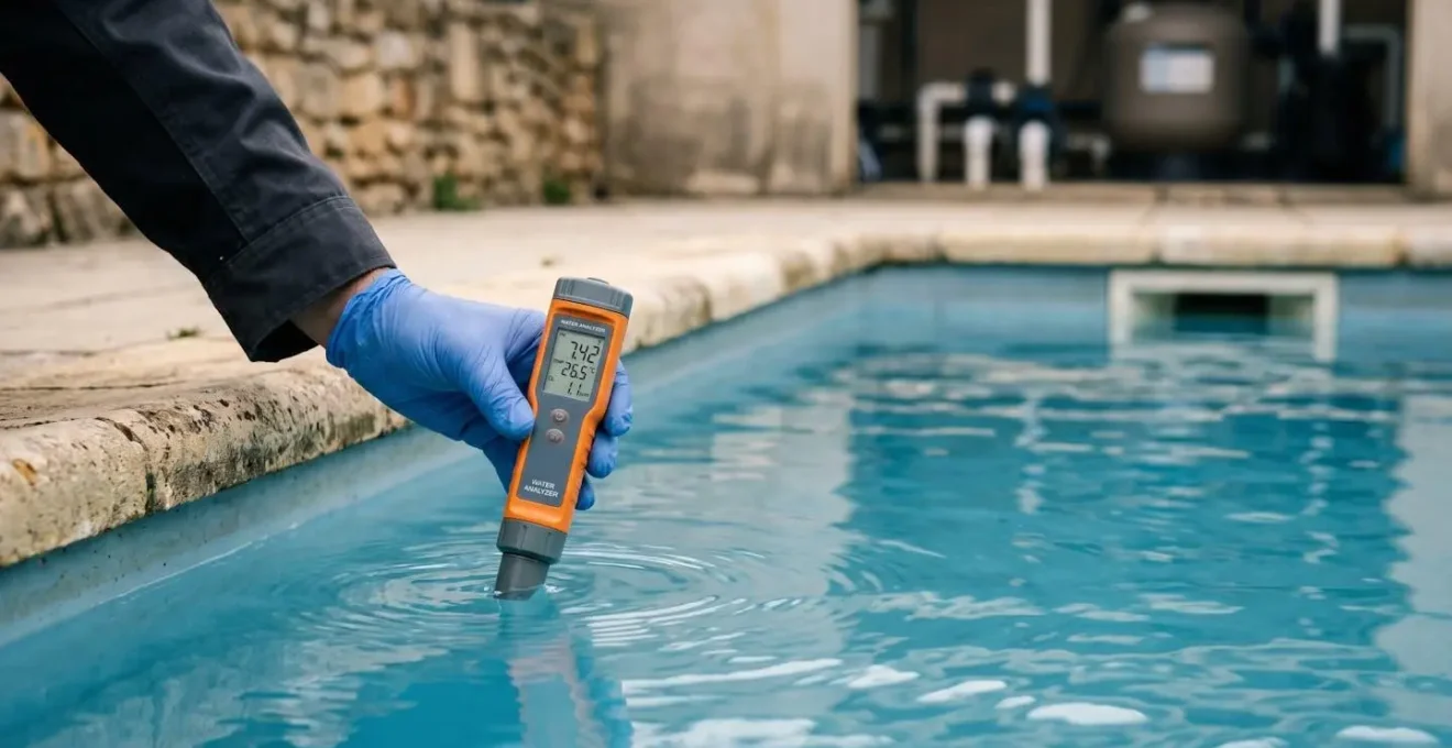 Main d'un technicien tenant un testeur électronique au-dessus de l'eau d'une piscine pour un diagnostic de qualité