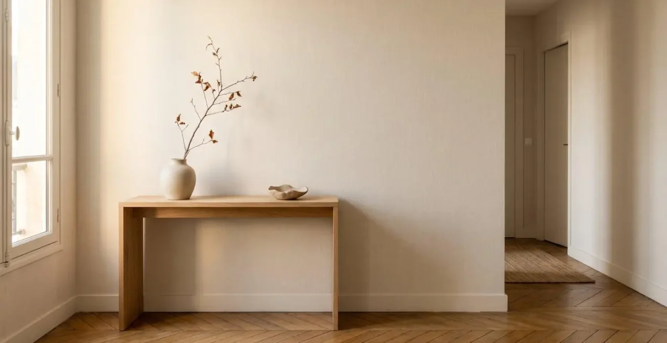 Console d'entrée épurée dans un hall lumineux avec objets soigneusement disposés créant un sentiment d'accueil et d'ordre